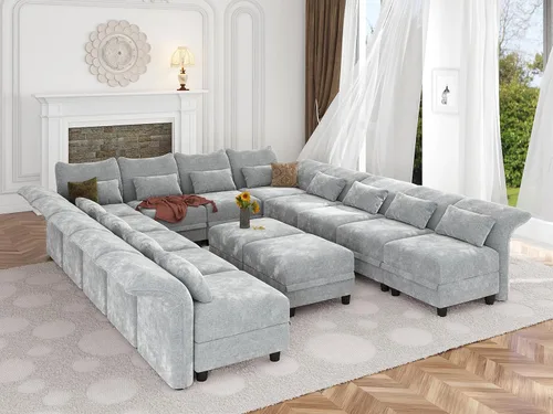 Vista 3 de LLappuil Sofá modular de 14 plazas de 179 pulgadas de ancho de felpilla en forma de U gris para sala de estar con diván reversible y otomana