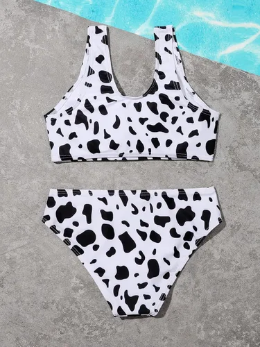 Vista 2 de WDIRARA Conjunto de 2 piezas de bikini con estampado de vaca para niña con cuello redondo y cintura alta