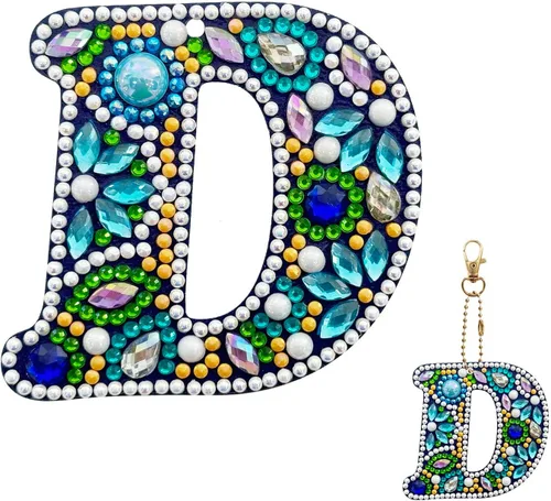 Vista 8 de YOYA Llavero de pintura de diamante de doble cara 5D, taladro completo A-Z, 26 letras de la A a la Z, kit de llaveros de arte de diamantes con gemas