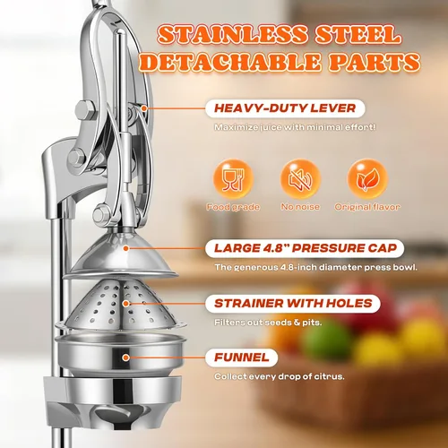 Vista 3 de Moongiantgo Exprimidor manual comercial, extractor de jugo de prensa manual resistente con 2 bolsas de frutas reutilizables, exprimidor profesional