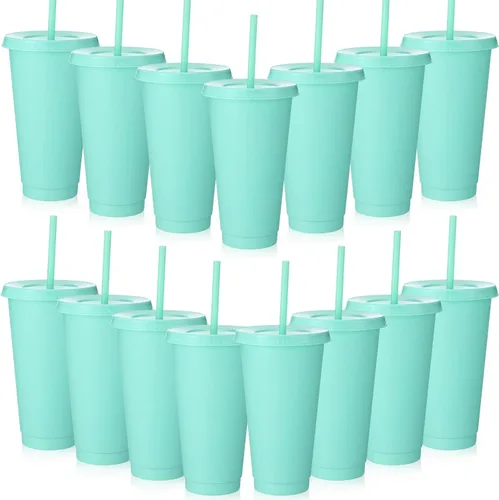 Vista 21 de Honeydak Paquete de 60 vasos con popote y tapa, vasos a granel para regalos, tazas de café de plástico con purpurina de 24 a 27 onzas, botella