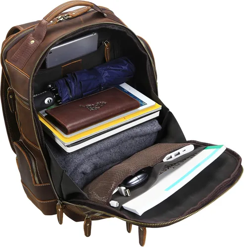 Vista 5 de Lannsyne Mochila vintage de cuero de grano completo para hombre de 15.6 pulgadas, mochila para laptop de camping y viajes, mochila de 24 L, Marrón