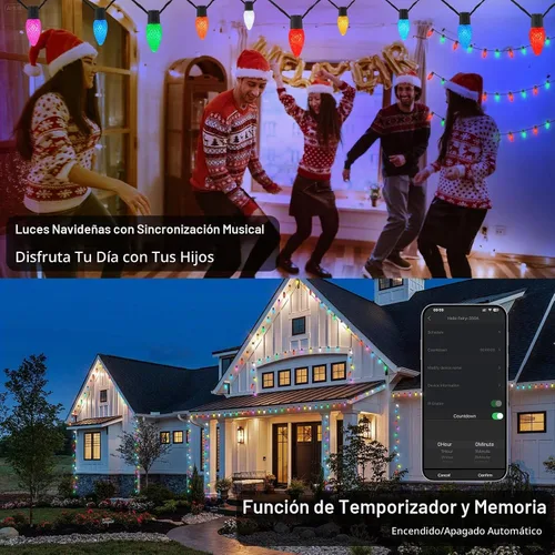 Vista 6 de Gemce Luces inteligentes C9 de Navidad para exteriores, 33 pies, 50 luces LED RGB, aplicación/control remoto, modos de bricolaje y sincronización