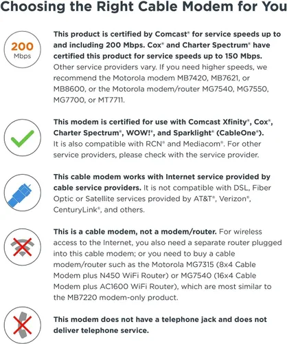 Vista 3 de MOTOROLA 8x4 Cable Módem, Modelo MB7220, 343 Mbps DOCSIS 3.0, Certificado por Comcast XFINITY, Time Warner Cable, Cox, BrightHouse y más
