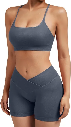 Vista 4 de SUUKSESS Conjuntos de entrenamiento cruzado en V para mujer, sujetador deportivo con tiras y pantalones cortos de cintura alta