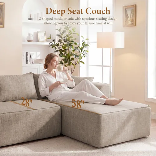 Vista 3 de Vesgantti 106" Boneless Couch with Chaise, U Shaped Deep Seat Comfy Cloud Modular Sofa Chenille Memory Foam Sectional Couches for Living Room
