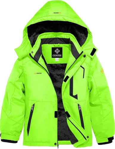 Vista 19 de GEMYSE - Chaqueta de esquí impermeable con capucha y forro polar, resistente al viento, para niño Verde Aqua