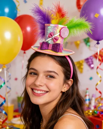 Vista 6 de Sweet Mini Top Hat Lollipop Diadema con plumas Disfraz de sombrero loco Accesorio de disfraz de caramelo para Mardi Gras, Halloween, fiesta de té