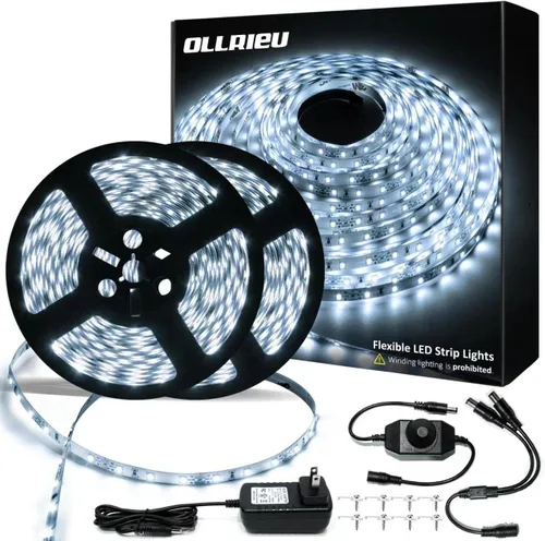Vista 9 de Tira de luces LED blancas de 10 pies, cinta regulable de 12 V con control remoto infrarrojo, luz de cinta adhesiva SMD 2835, conectable, cortable