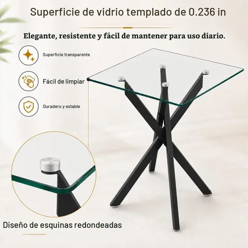 Vista 4 de Mesa auxiliar moderna de cristal, mesa auxiliar cuadrada para sofá, mesa auxiliar negra con parte superior de vidrio templado transparente y patas