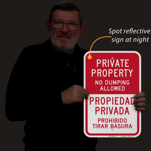 Vista 8 de SmartSign Letrero de metal bilingüe con texto en inglés "Private Property - No Dumping Allowed, Prohibido Tirar Basura" de 18 x 12 pulgadas