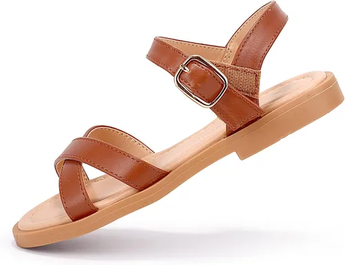 Vista 4 de PANDANINJIA Elva - Sandalias para niñas con puntera abierta, bonitas, planas, sandalias de vestir con tiras cruzadas, zapatos de verano para niños
