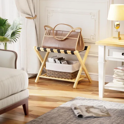 Vista 2 de SMIBUY Portaequipajes, soporte plegable de bambú para maleta con estante de almacenamiento para habitación de invitados, dormitorio, hotel, Natural