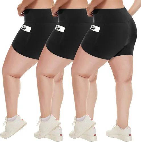 Vista 15 de HLTPRO 3 Pack Plus Size Biker Shorts for Women, Pocket & No-Pocket Options Negro/Beige Rosa/ Gris
