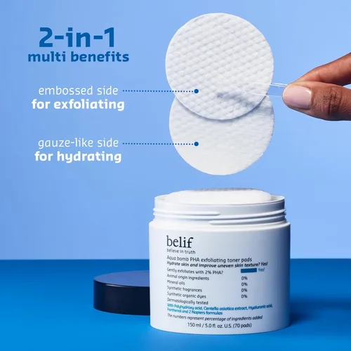 Vista 5 de belif PHA - Almohadillas de tóner 2% – Esmalte facial exfoliante suave para el cuidado de los poros, hidratante y calmante con pantenol y cica