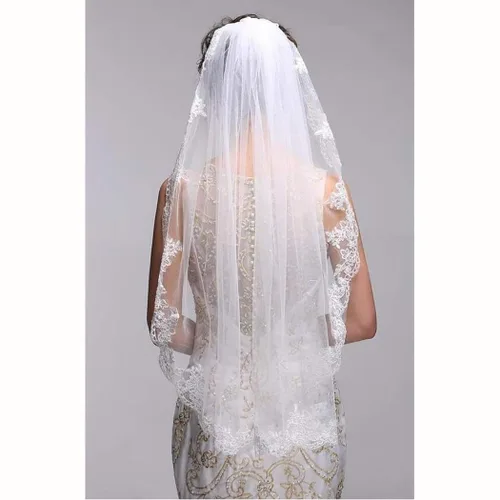 Vista 4 de Ursumy Velo corto de novia con borde de encaje velo suave de tul con peine marfil