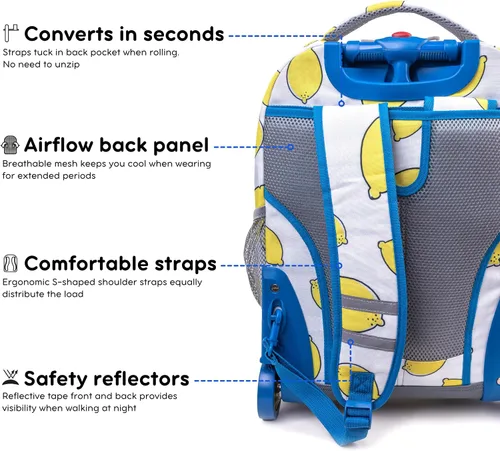 Vista 6 de J World Sunrise Kids - Mochila con ruedas para niñas y niños. Mochila con ruedas para la escuela, Lemona, Sunrise Kids - Mochila con ruedas