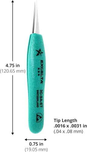 Vista 2 de Excelta 3C-SA-ET Pinzas de precisión puntiagudas rectas muy finas, agarre suave con protección TealShield Ergo-Tweeze, acero inoxidable