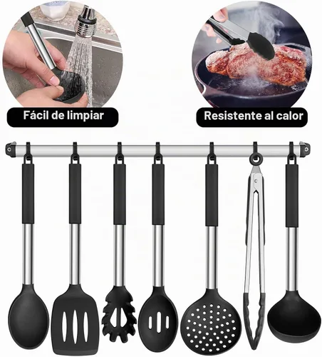 Vista 6 de E-far Juego de utensilios de cocina de silicona, 7 piezas de utensilios de cocina resistentes al calor con mango de acero inoxidable, espátula