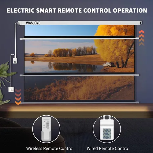 Vista 6 de WASJOYE Pantalla de proyector motorizada de 100 pulgadas a 16:9, pantalla de proyector eléctrico para montaje en pared/techo con control remoto