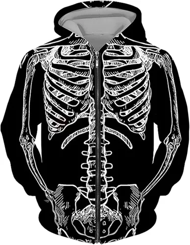 Vista 2 de Vickyleb Conjunto de sudadera con capucha de Halloween para hombre, estampado de esqueleto, cremallera completa, casual, sudadera de Halloween