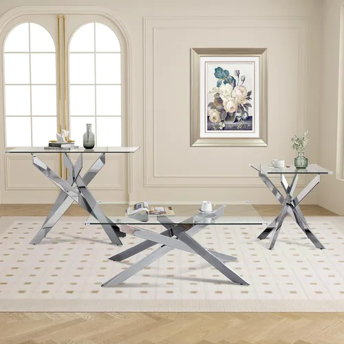 Vista 10 de Mesa de centro rectangular moderna de cristal, mesa central de vidrio templado y patas de metal chapado en oro para sala de estar, oficina en casa