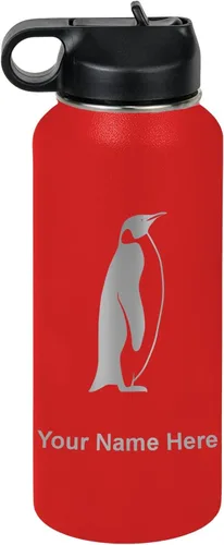 Vista 32 de LaserGram Botella de agua personalizada, pingüino, acero inoxidable de doble pared aislada al vacío con popote superior, regalo grabado