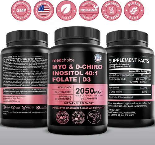 Vista 9 de Myo-inositol 40:1 para mujeres – Suplemento de inositol con mio y D-Chiro inositol, folato y vitamina D3 – Cápsulas veganas para rutina diaria