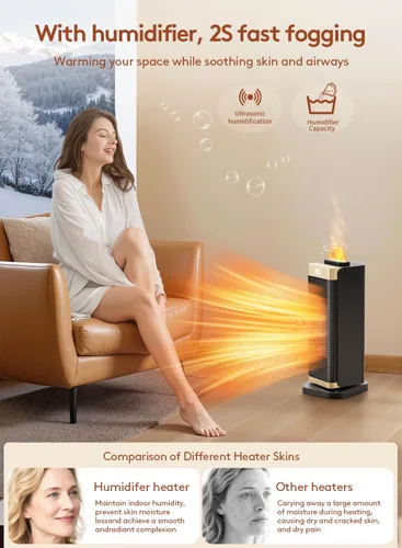 Vista 3 de Calentadores de espacio para uso en interiores, calentador de espacio portátil con humidificador/luz ambiental, calentadores eléctricos seguros