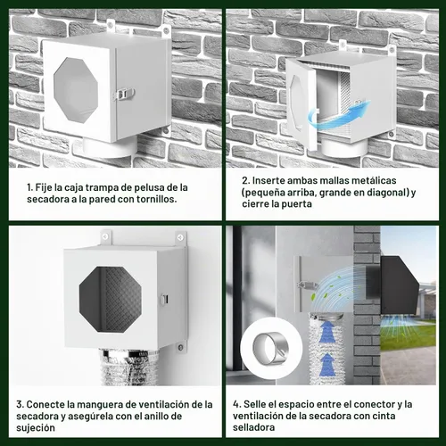 Vista 7 de Trampa de pelusa para conductos de secadora de metal, kit de ventilación de secadora interior con codo de 90 grados, manguera de conducto de 4 Blanco