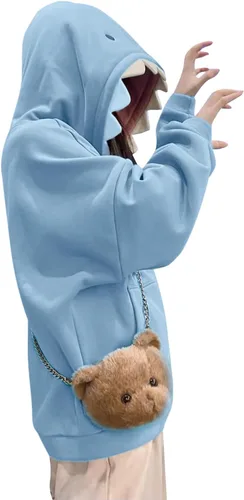 Vista 4 de Giraropa Sudadera con capucha de tiburón para mujer, de manga larga, con cordón y un bolsillo, con forma de animal kawaii