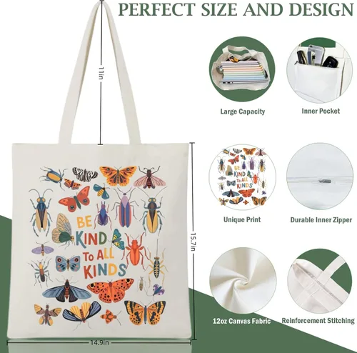 Vista 7 de Bolsa de lona estética para mujer con bolsillo interior, bolsa de hombro para libros, bolsas reutilizables para compras