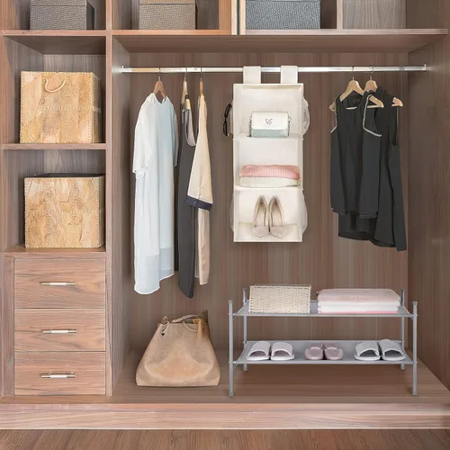 Vista 6 de MAX Houser Organizador de armario colgante de 3 estantes con 2 velcros, beige Organizador de suéter colgante, estantes colgantes plegables