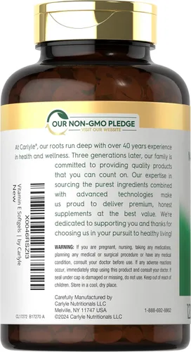 Vista 3 de Carlyle Cápsulas blandas de vitamina E de 1000 UI con tocoferoles mixtos 120 píldoras Suplemento de origen natural Fórmula sin OMG y sin