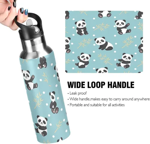 Vista 4 de Cute Cartoon Pandas Poses Insulated Stainless Steel Water Bottle with Straw 20 Oz, BPA-Free Sports Water Bottle with Straw Leakproof Water Bottles