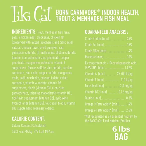 Vista 3 de Tiki Cat Born Carnivore Alimento seco para gatos, trucha y pescado Menhaden, bolsa de 6 libras Crunchy Kibble Texture for Indoor Cats, Real Animal