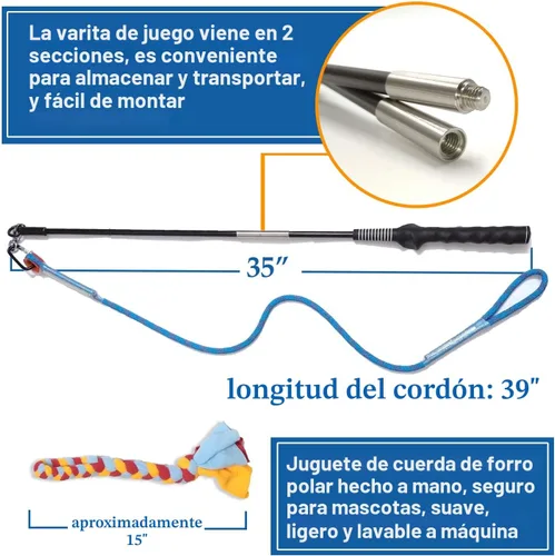 Vista 5 de Juguete interactivo de poste de coqueteo para perros, persecución y tira y afloja, varita teaser duradera con cuerda de forro polar para mascotas