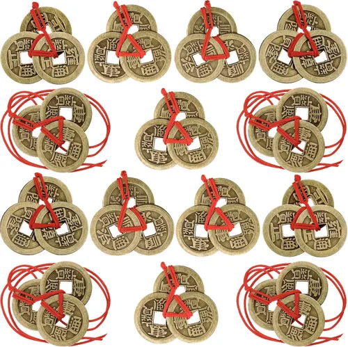 Vista 8 de Boao Monedas china de la fortuna Feng Shui I Ching Monedas de buena suerte tradicionales de latón, Adorno para el Año Nuevo con cadena roja