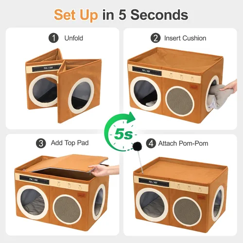 Vista 5 de Retro Radio Cat House, Large Foldable Cat Bed Indoor Cat Cave