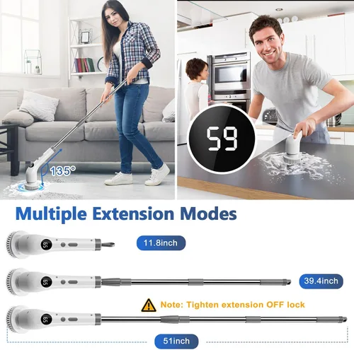 Vista 2 de Qimedo Cepillo Giratorio de Mano con Mango Largo Extendido, Cepillo Eléctrico Recargable para Limpieza, Cepillo Inalámbrico para Platos con 6
