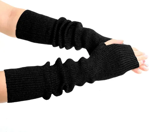 Vista 4 de SATINIOR 2 pares de guantes largos sin dedos para mujer guantes de punto de invierno calentadores de brazos guantes con agujero para el pulgar