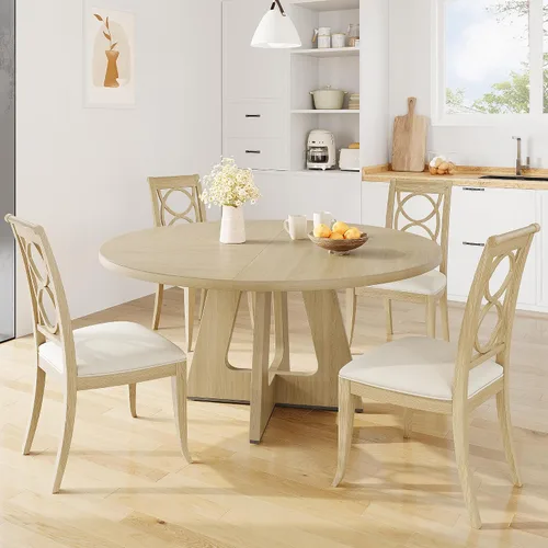 Vista 7 de IDEALHOUSE Juego de mesa de comedor redonda de 47 pulgadas para 4 a 6, mesa de cocina de granja con parte superior de madera y base de pedestal