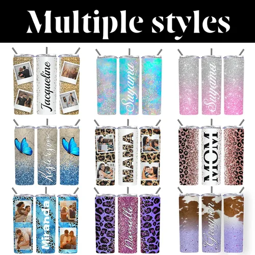 Vista 2 de Vaso delgado personalizado con purpurina con tapas y popotes, nombres, vasos de acero inoxidable personalizados con imagen para mujeres, hombres