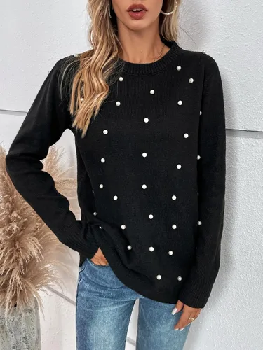 Vista 3 de Suéter para mujer con detalles de perlas (color negro, talla XL)