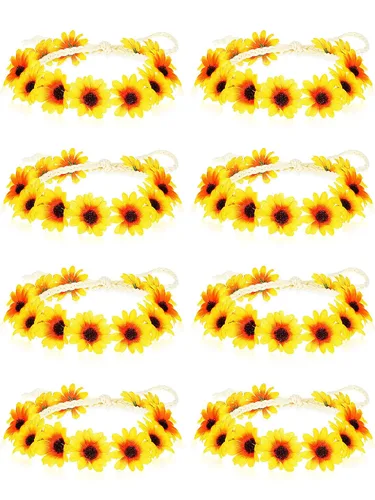 Vista 9 de WILLBOND 8 diademas de girasol para mujer, corona, margarita, flores, corona, ajustable, floral, para novia, para fiestas hippie, bodas, festivales