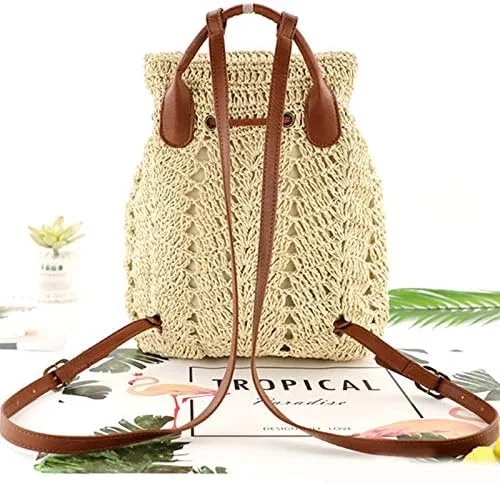 Vista 2 de Mochila tejida hecha a mano de paja mediana para mujer, con solapa, con cordón, bolsa de playa, Beige, Mochilas Daypack