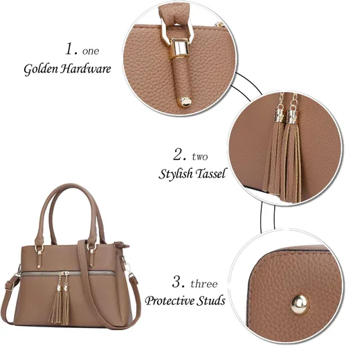 Vista 4 de KKXIU Bolsos tipo satchel para mujer con asa, bolsos de hombro y carteras con bolsillos y cremallera, bolsos cruzados de cuero