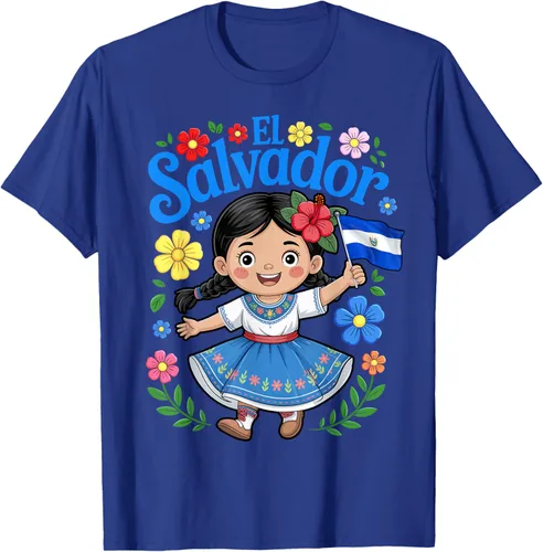 Vista 22 de Camiseta de estilo tradicional floral para niña con la bandera de El Salvador