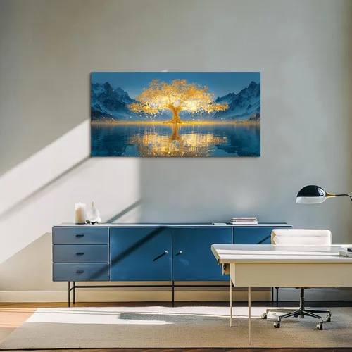 Vista 2 de SLYCAY Lienzo grande con árbol de la vida dorado para pared, pintura de paisaje, naturaleza, nieve, montaña, lago, paisaje, decoración de pared