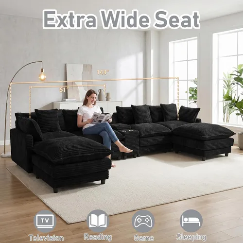 Vista 5 de Sofá modular en forma de U de 143 pulgadas para sala de estar, sofá modular de gran tamaño, sofás seccionales modernos, asiento profundo de pana